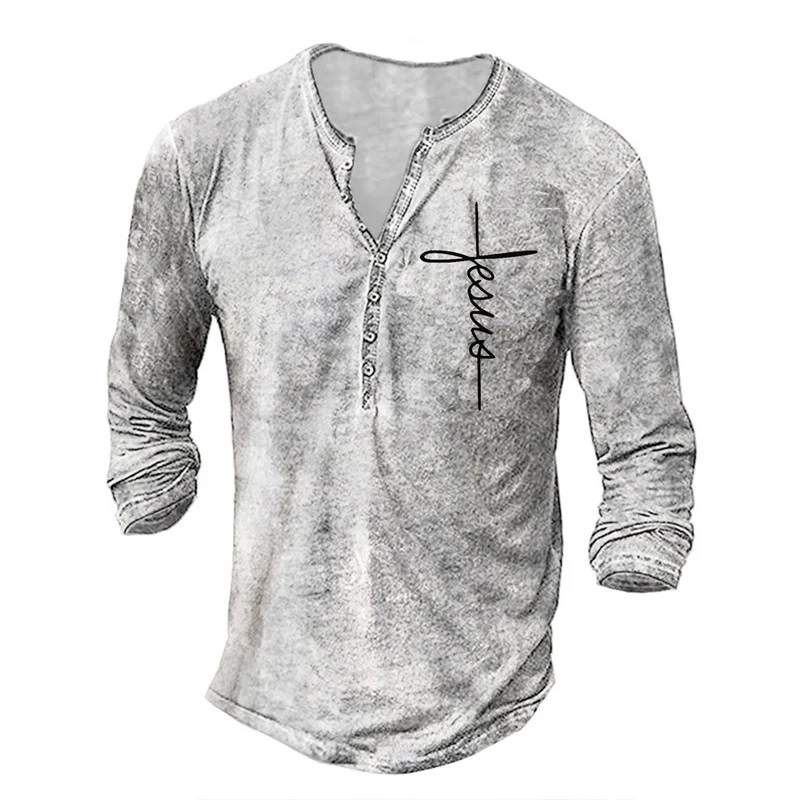 Herren Langarm Henley-Shirt mit kreativem Grafikdruck