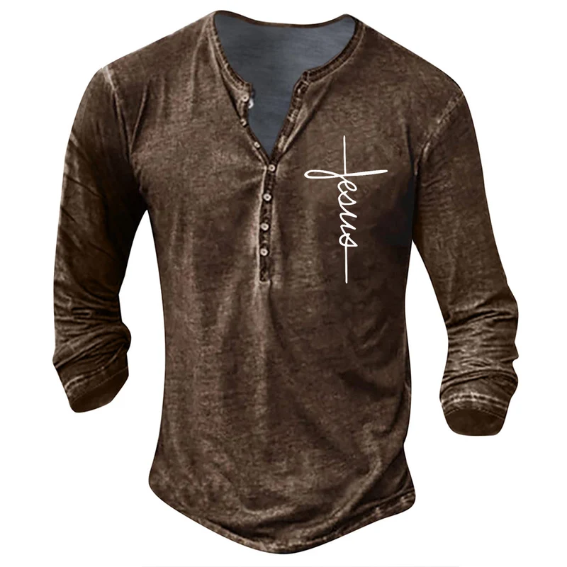Herren Langarm Henley-Shirt mit kreativem Grafikdruck