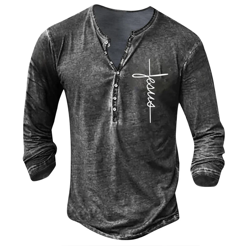 Herren Langarm Henley-Shirt mit kreativem Grafikdruck