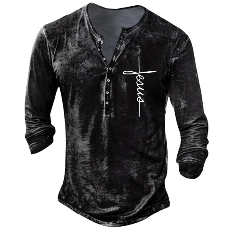Herren Langarm Henley-Shirt mit kreativem Grafikdruck