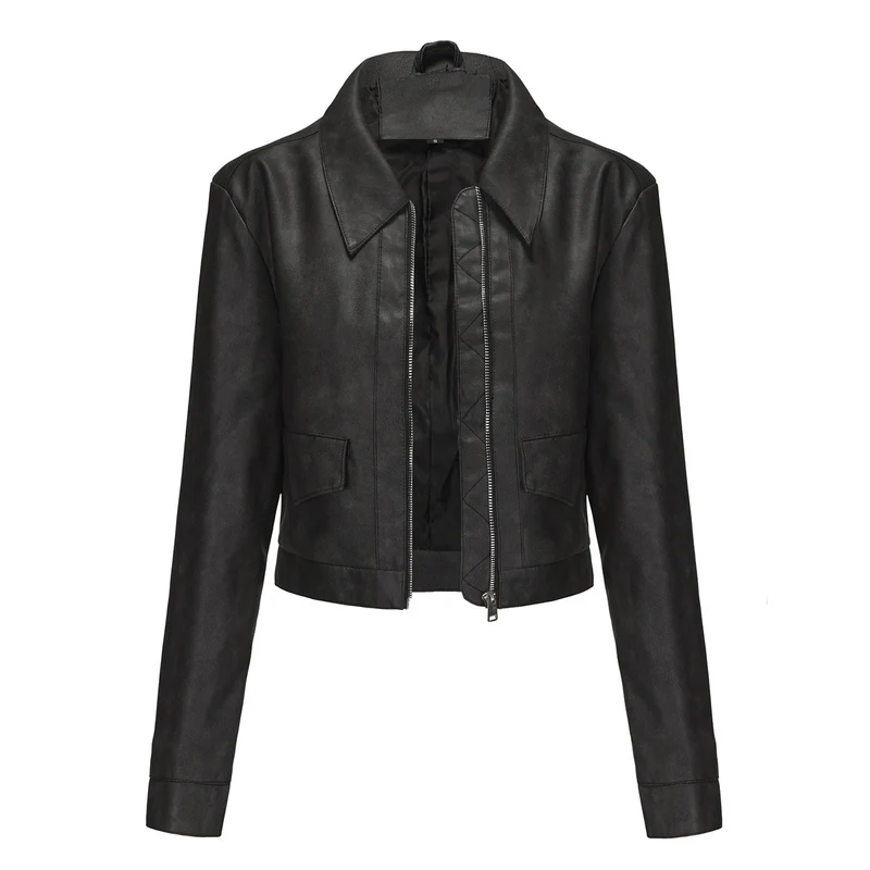 Damen modische cropped Kunstlederjacke mit klassischem Wellenkragen