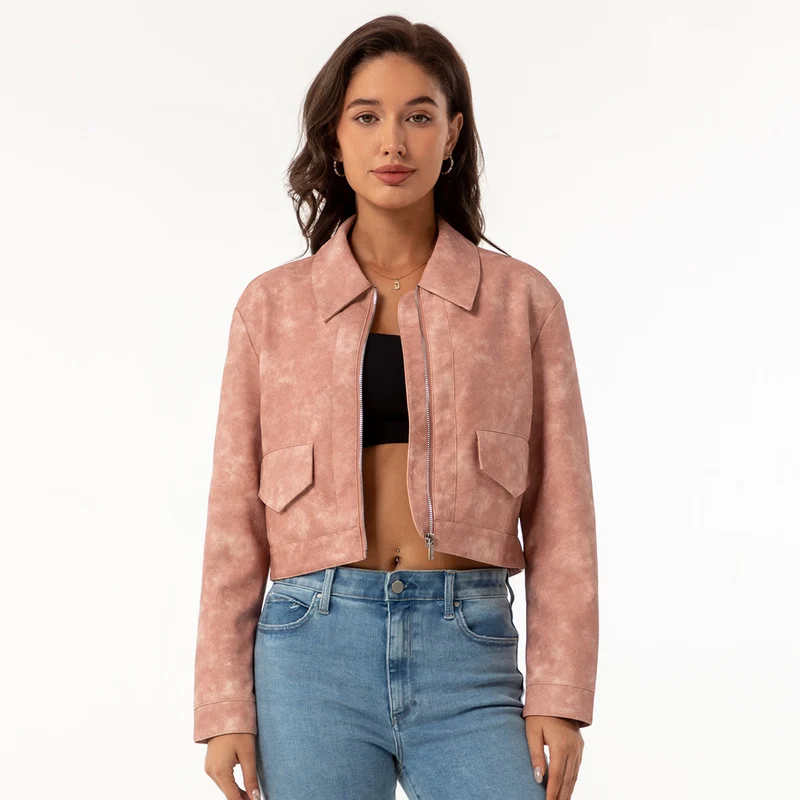 Damen modische cropped Kunstlederjacke mit klassischem Wellenkragen