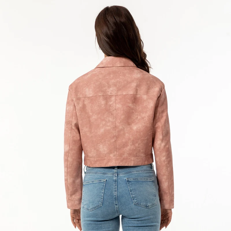 Damen modische cropped Kunstlederjacke mit klassischem Wellenkragen