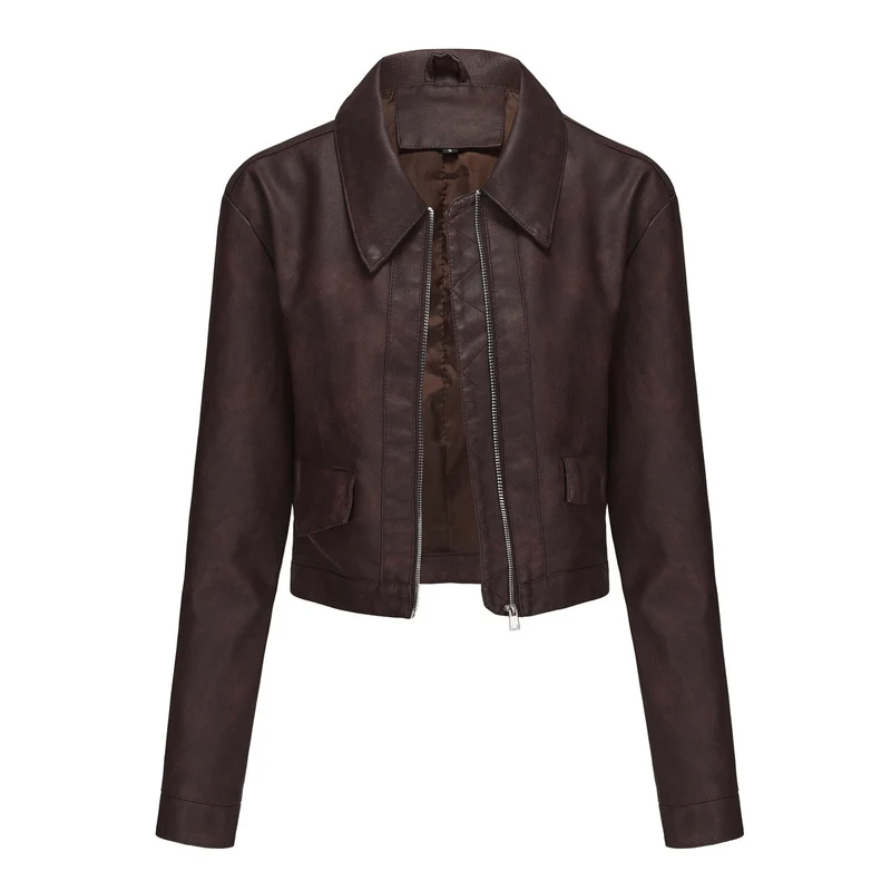 Damen modische cropped Kunstlederjacke mit klassischem Wellenkragen