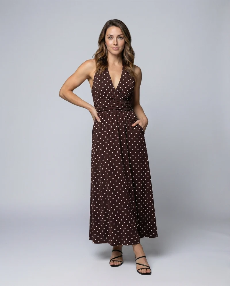 Damen gepunktetes Neckholder-Maxikleid mit Raffung