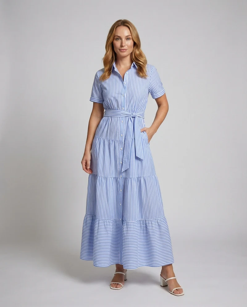 Damen gestreiftes Hemdblusen-Maxikleid mit Stufenrock