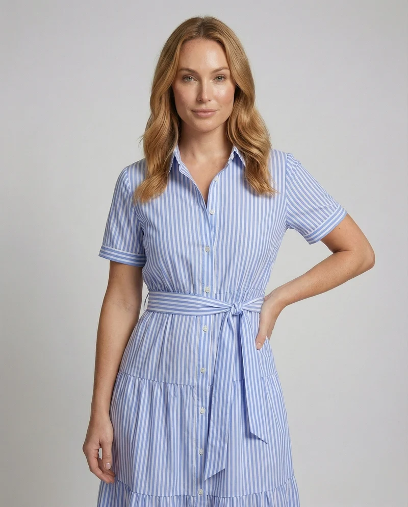 Damen gestreiftes Hemdblusen-Maxikleid mit Stufenrock