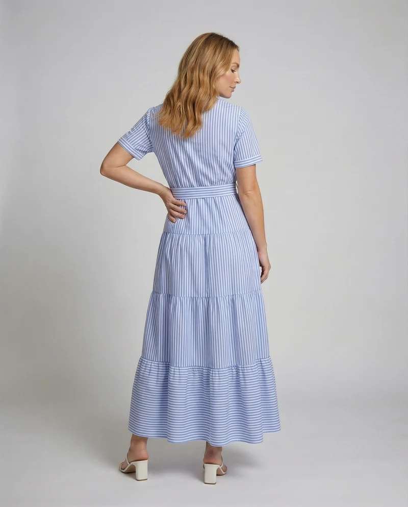 Damen gestreiftes Hemdblusen-Maxikleid mit Stufenrock