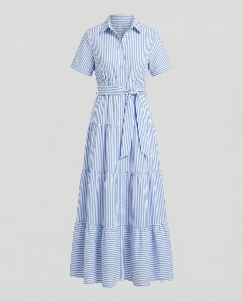 Damen gestreiftes Hemdblusen-Maxikleid mit Stufenrock