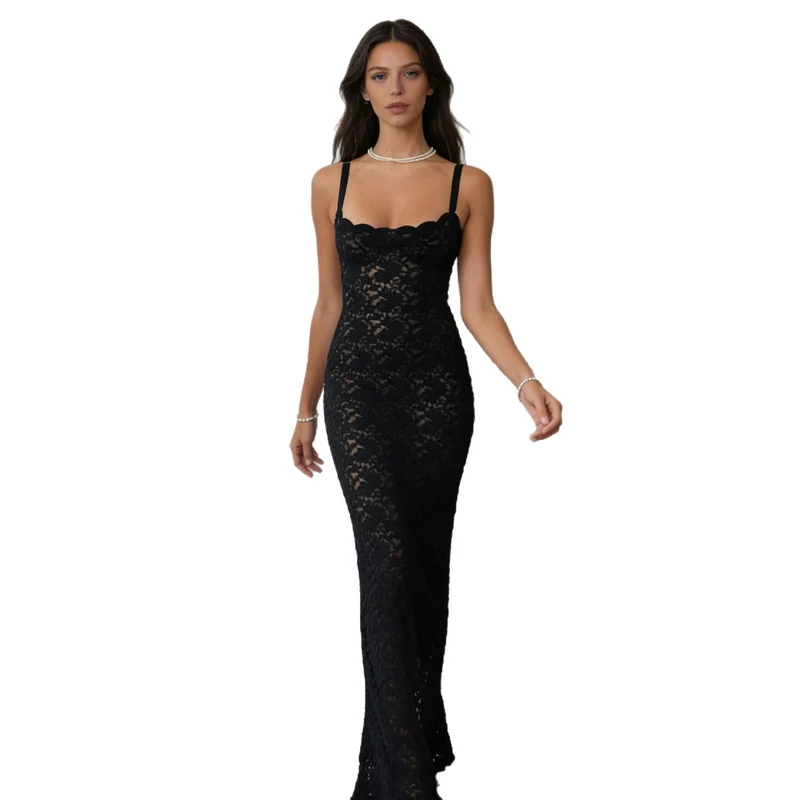 Damen Elegantes Spitzenkleid mit skulpturalem Oberteil und raffinierten Seitenschlitzen Nord Taschen