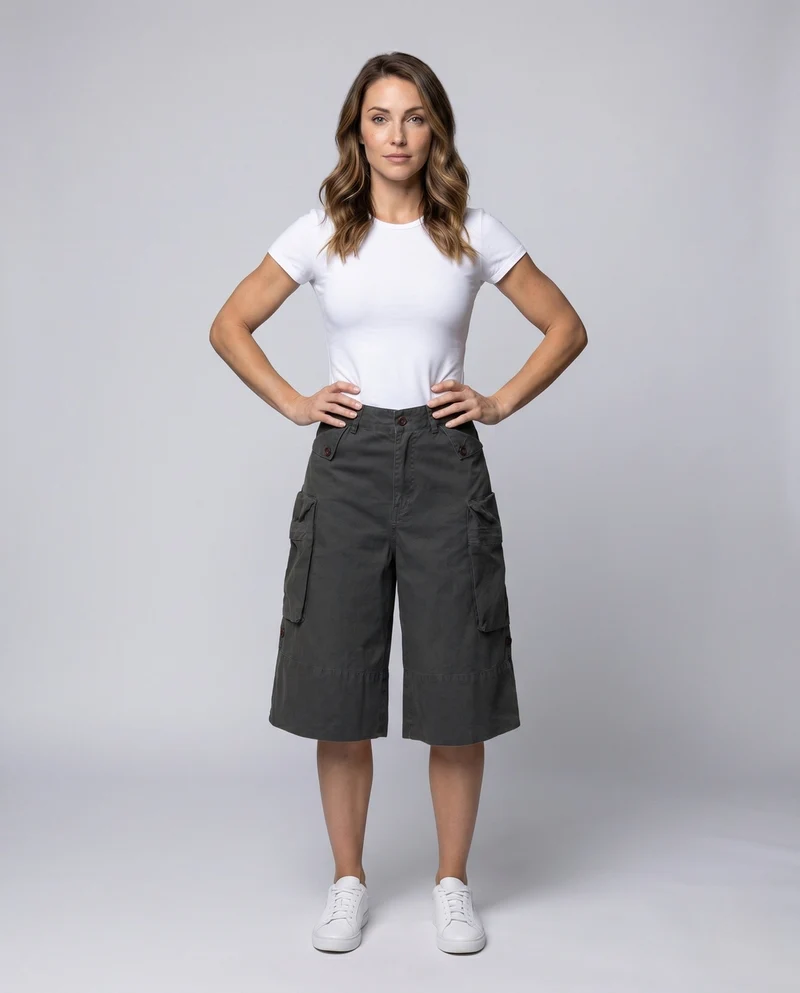 Damen nan weite Cargo-Bermuda mit hoher Taille und aufgesetzten Klappentaschen