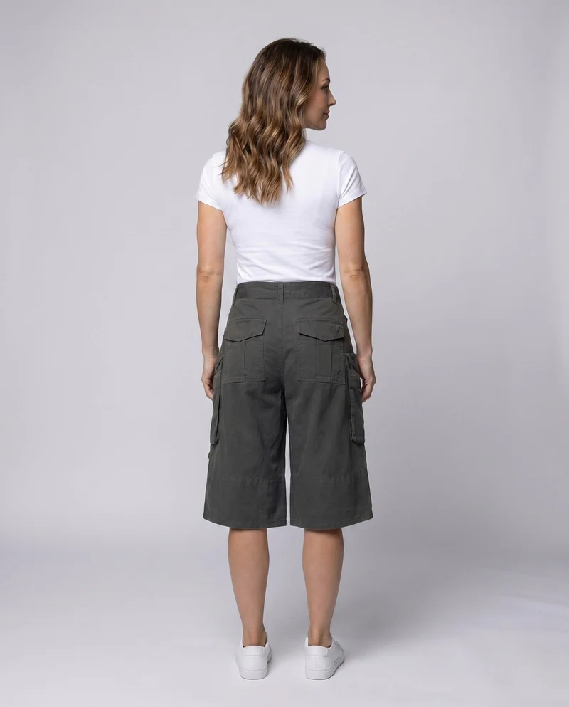 Damen nan weite Cargo-Bermuda mit hoher Taille und aufgesetzten Klappentaschen