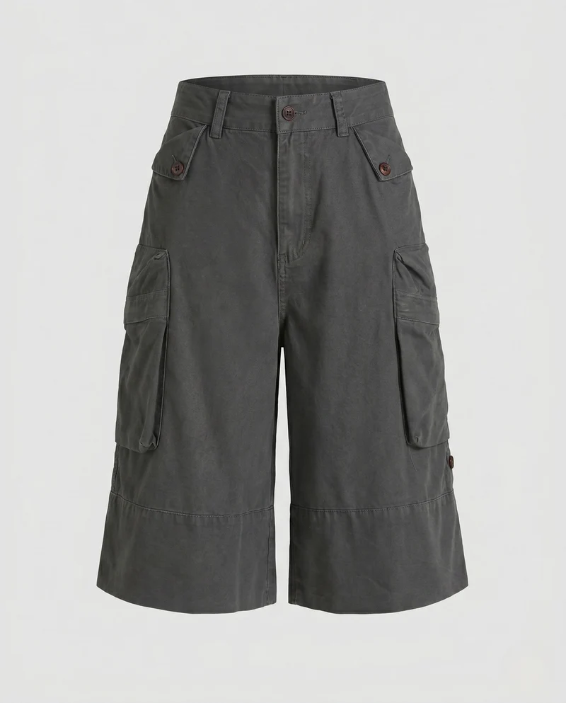 Damen nan weite Cargo-Bermuda mit hoher Taille und aufgesetzten Klappentaschen