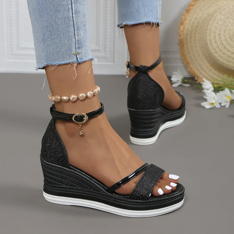 Damen Wedge-Sandalen mit funkelndem Obermaterial und elegantem Riemendesign