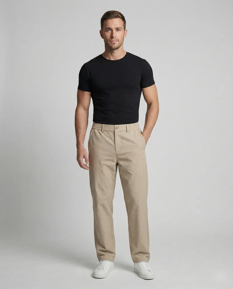 Herren nan lässig-weite Baumwollmix-Hose mit geradem Bein, elastischem Komfortbund und dezenten Eingrifftaschen