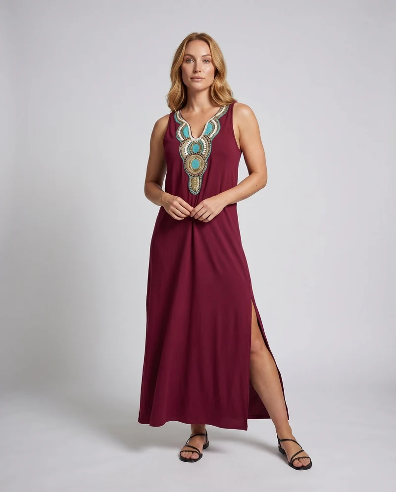 Damen Ärmelloses Boho-Maxikleid Bruststickerei Beinschlitz V-Ausschnitt