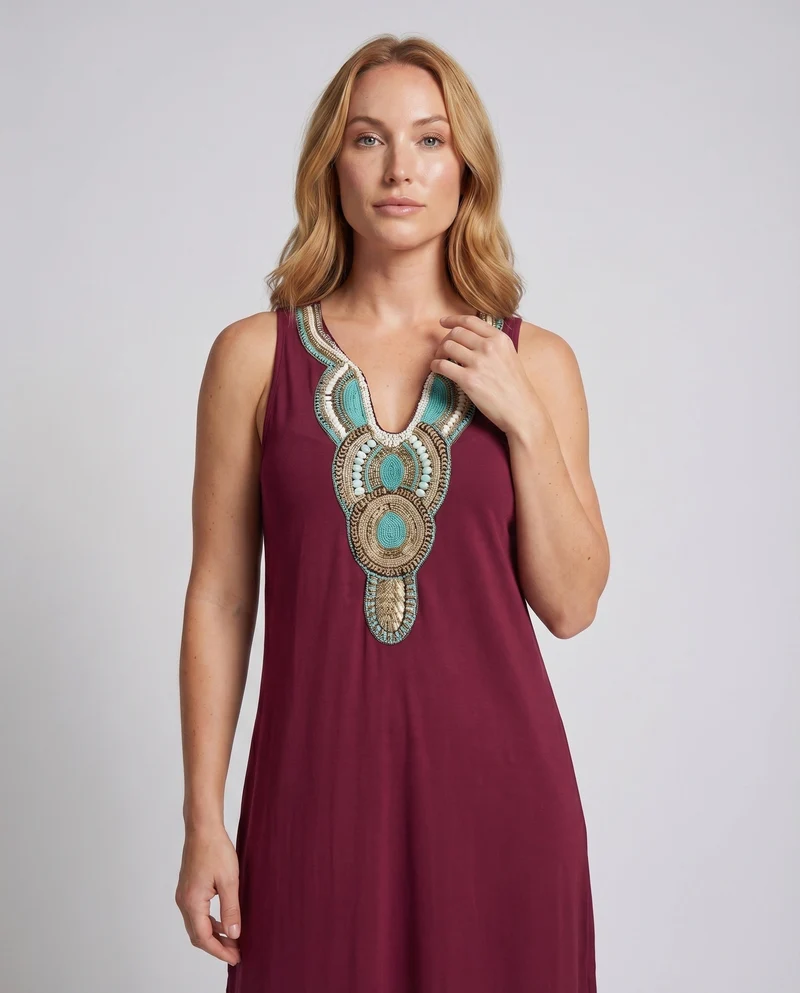 Damen Ärmelloses Boho-Maxikleid Bruststickerei Beinschlitz V-Ausschnitt