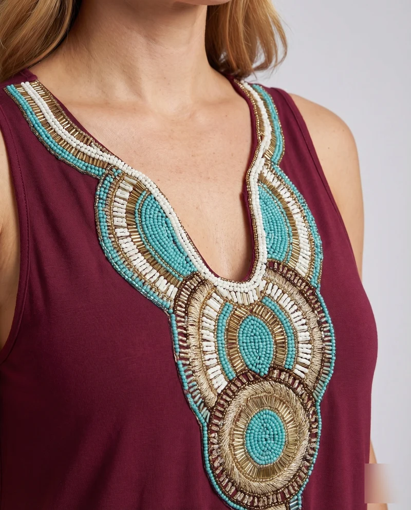 Damen Ärmelloses Boho-Maxikleid Bruststickerei Beinschlitz V-Ausschnitt