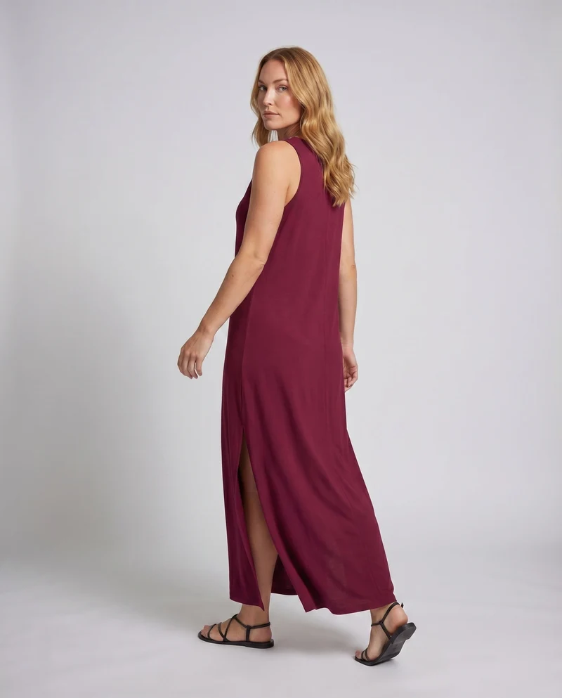 Damen Ärmelloses Boho-Maxikleid Bruststickerei Beinschlitz V-Ausschnitt