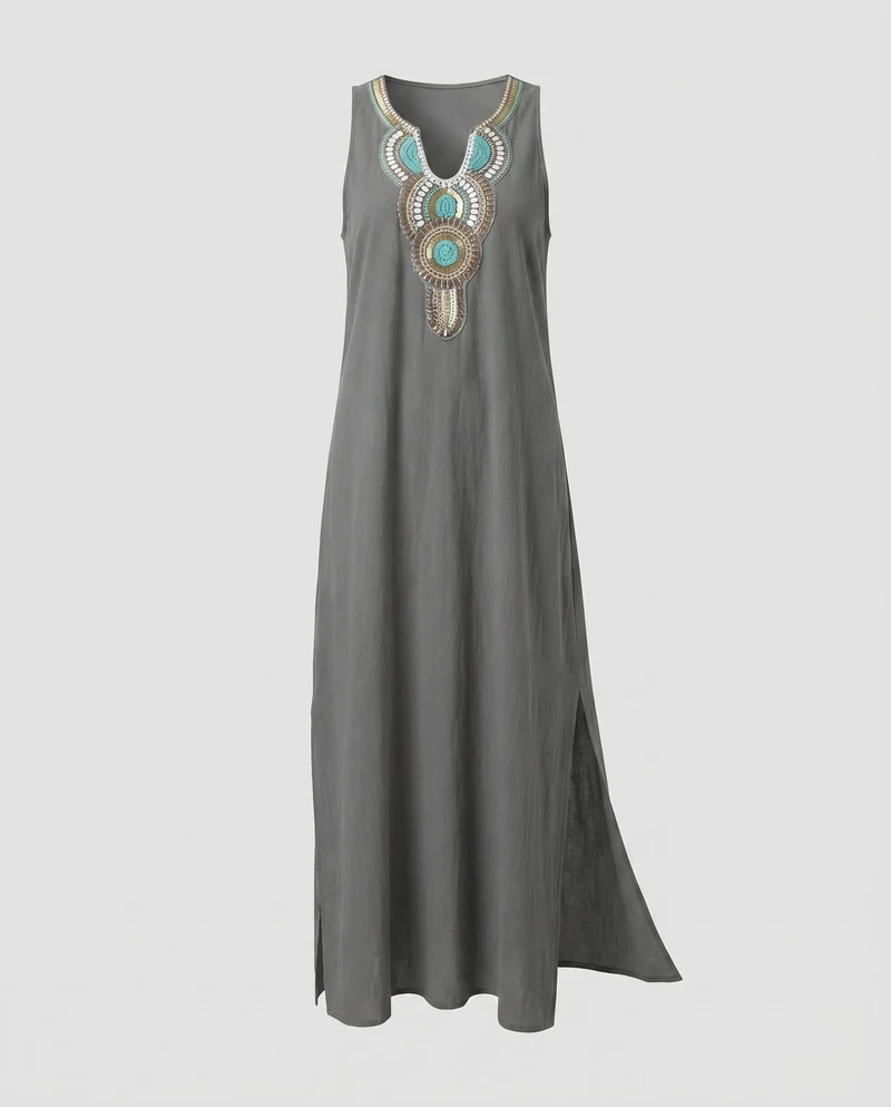 Damen Ärmelloses Boho-Maxikleid Bruststickerei Beinschlitz V-Ausschnitt