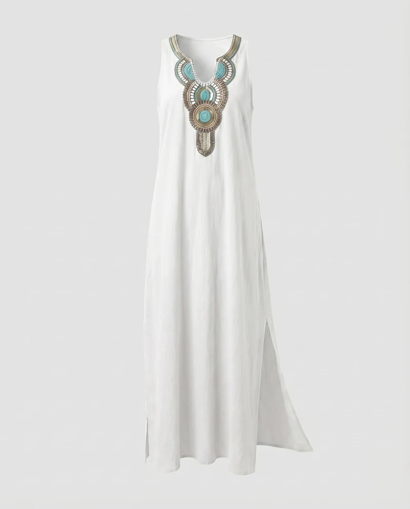 Damen Ärmelloses Boho-Maxikleid Bruststickerei Beinschlitz V-Ausschnitt