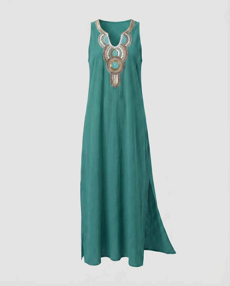 Damen Ärmelloses Boho-Maxikleid Bruststickerei Beinschlitz V-Ausschnitt