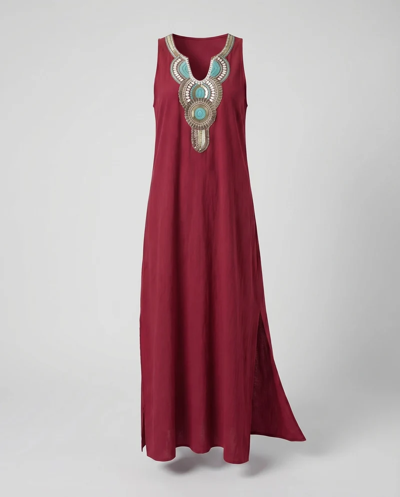 Damen Ärmelloses Boho-Maxikleid Bruststickerei Beinschlitz V-Ausschnitt