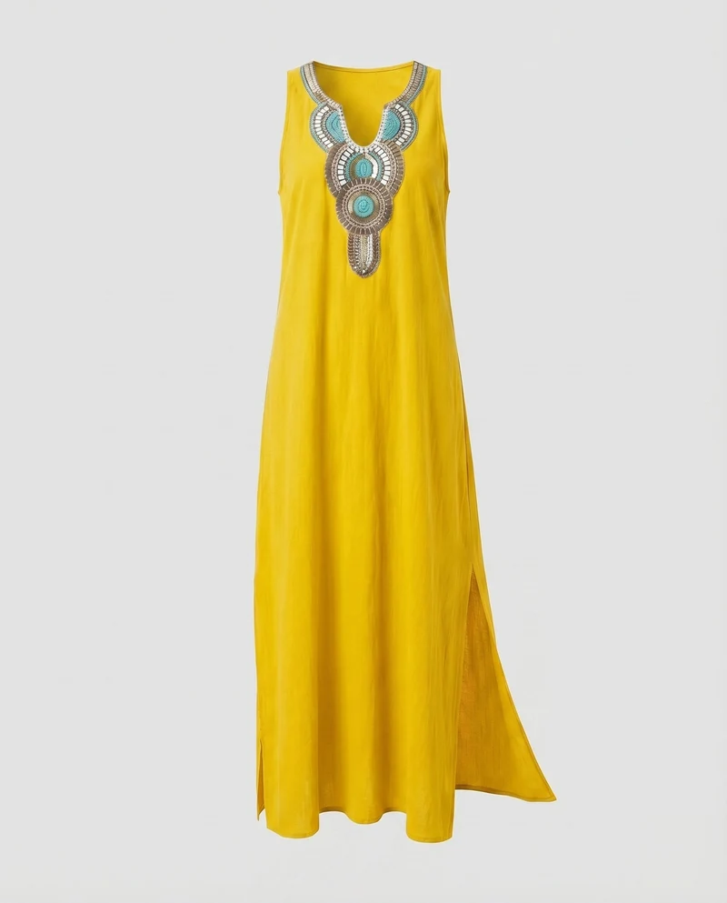 Damen Ärmelloses Boho-Maxikleid Bruststickerei Beinschlitz V-Ausschnitt
