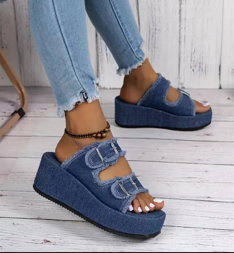 Damen bequeme Plattformsandalen aus Denim mit doppeltem Riemen