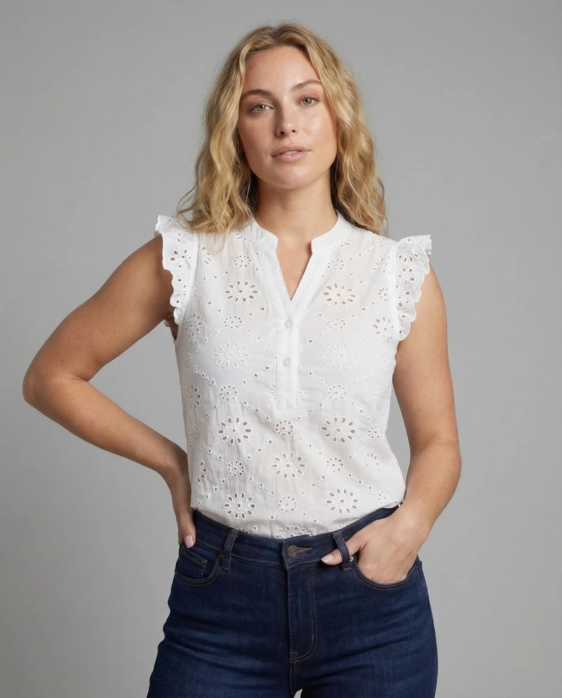 Damen Baumwoll-Top Broderie-Stil Rüschenärmel