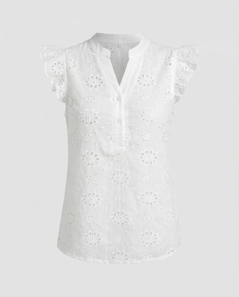 Damen Baumwoll-Top Broderie-Stil Rüschenärmel