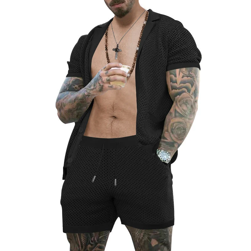Herren nan offener Netzstrick-Cardigan mit passenden Kordelzug-Shorts