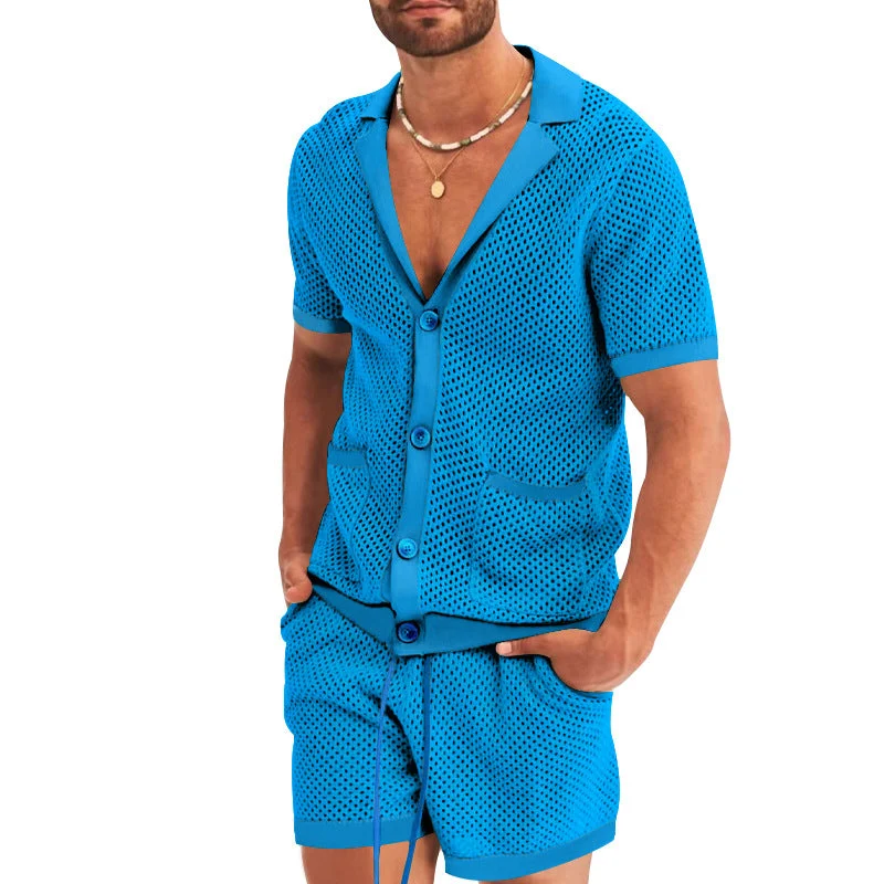 Herren nan offener Netzstrick-Cardigan mit passenden Kordelzug-Shorts