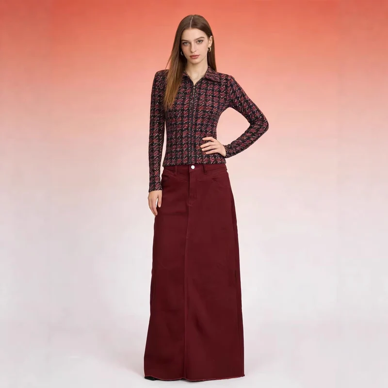 Damen Maxi-Denim-Rock mit hohem Bund und fransigem Saum