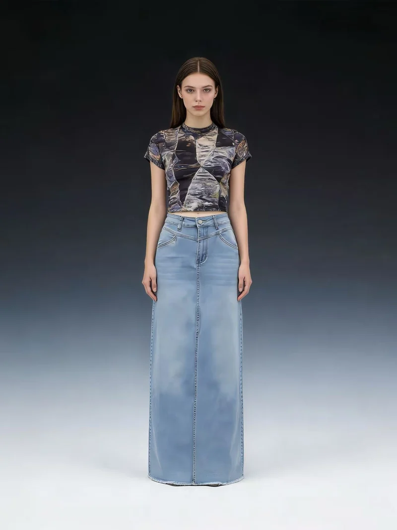Damen Maxi-Denim-Rock mit hohem Bund und fransigem Saum
