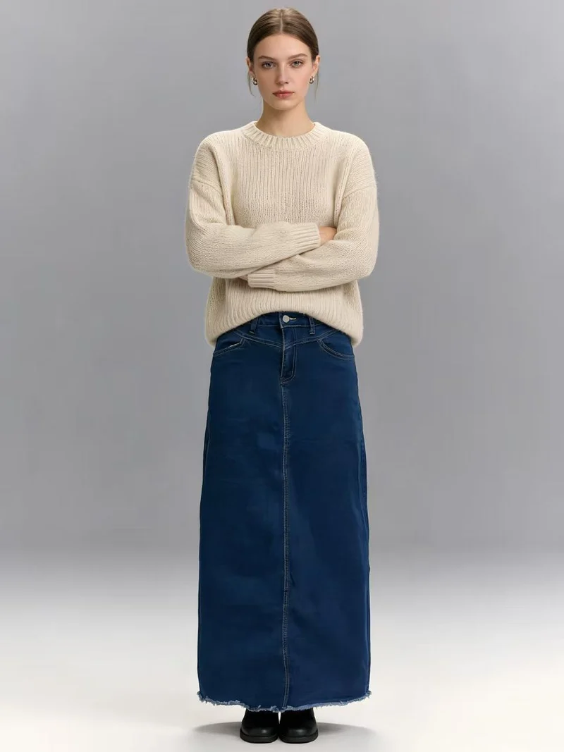 Damen Maxi-Denim-Rock mit hohem Bund und fransigem Saum