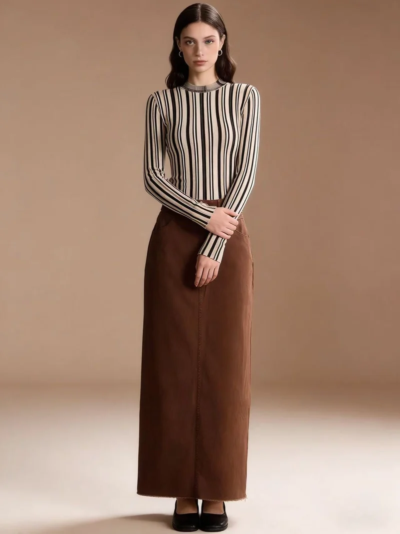 Damen Maxi-Denim-Rock mit hohem Bund und fransigem Saum