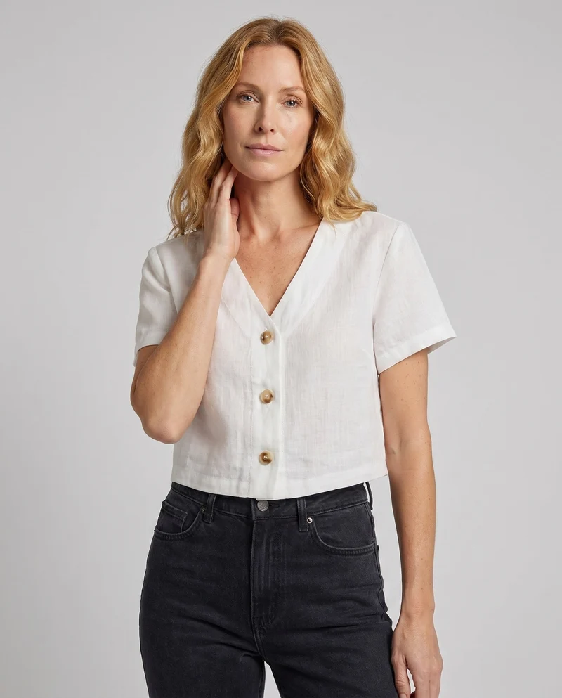 Damen lässiges Leinen-Cropped-Oberteil mit Knopfleiste