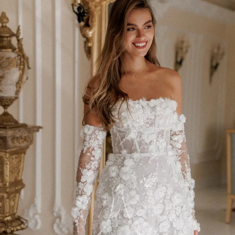 Damen Elegantes Boho-Hochzeitskleid mit floralem Design und langen Ärmeln