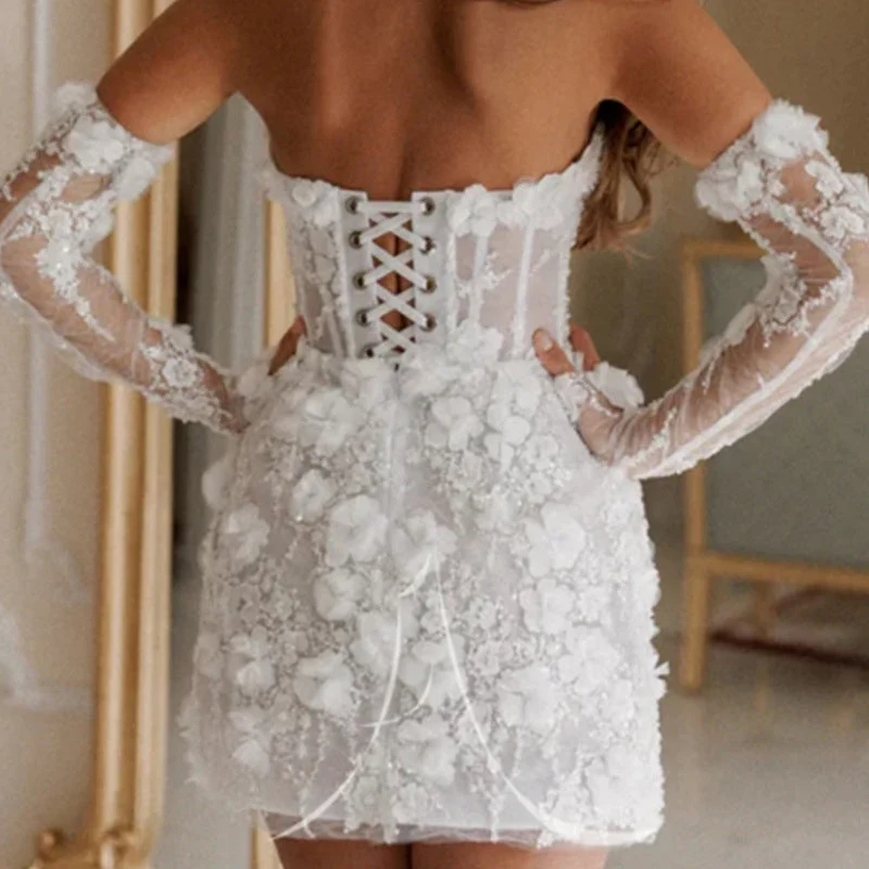 Damen Elegantes Boho-Hochzeitskleid mit floralem Design und langen Ärmeln