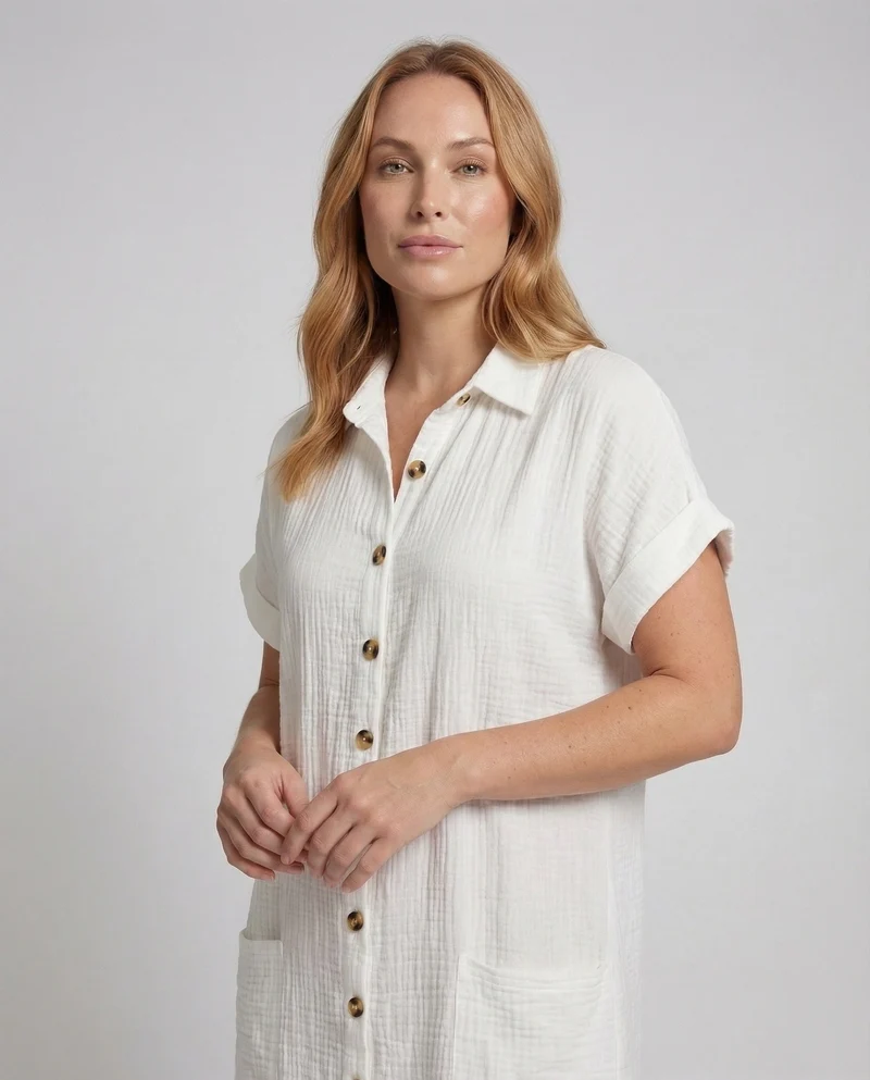 Damen Musselin-Hemdkleid Gekrempelte Kurzärmel