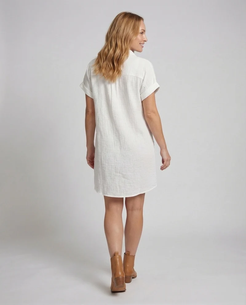 Damen Musselin-Hemdkleid Gekrempelte Kurzärmel