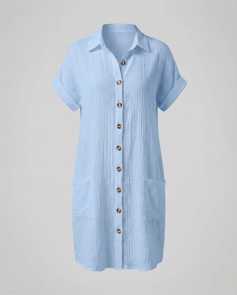 Damen Musselin-Hemdkleid Gekrempelte Kurzärmel