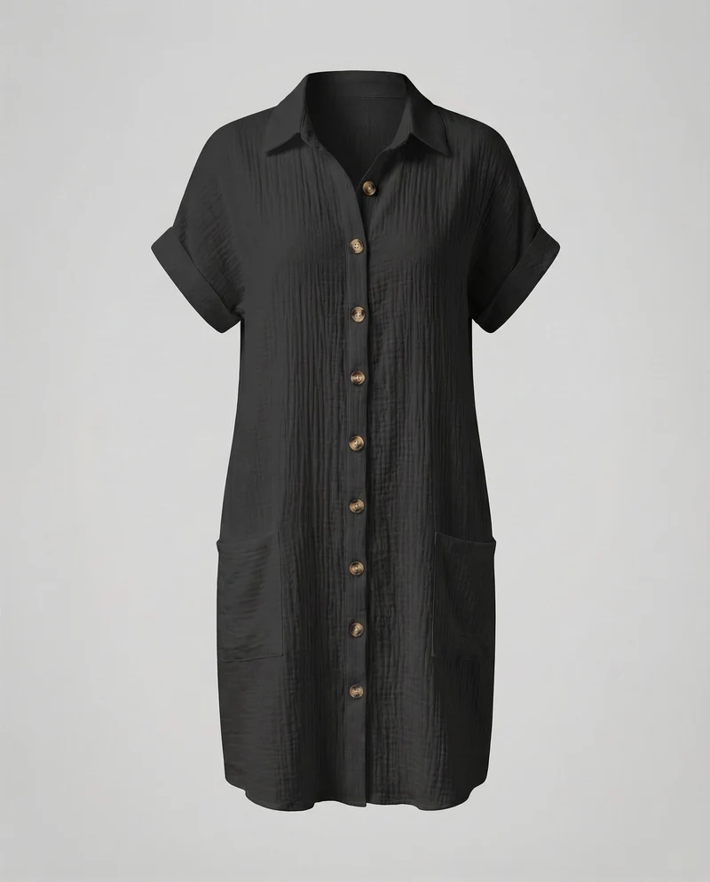 Damen Musselin-Hemdkleid Gekrempelte Kurzärmel