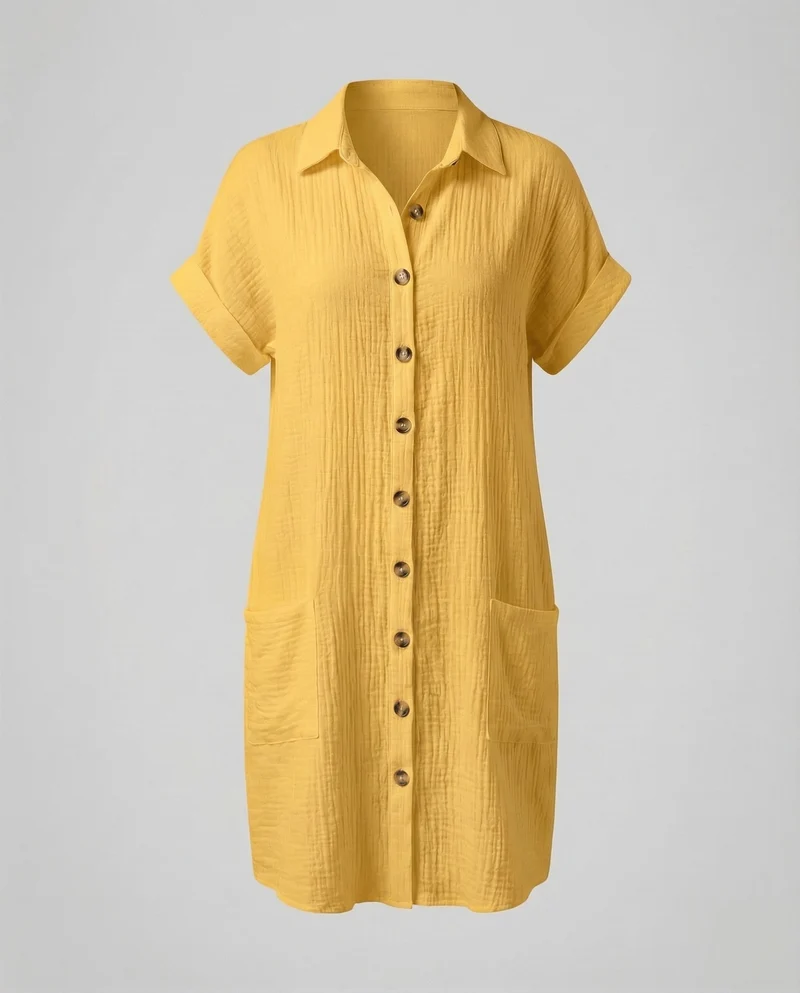 Damen Musselin-Hemdkleid Gekrempelte Kurzärmel