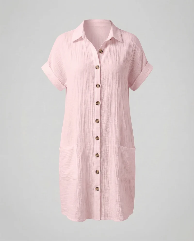 Damen Musselin-Hemdkleid Gekrempelte Kurzärmel