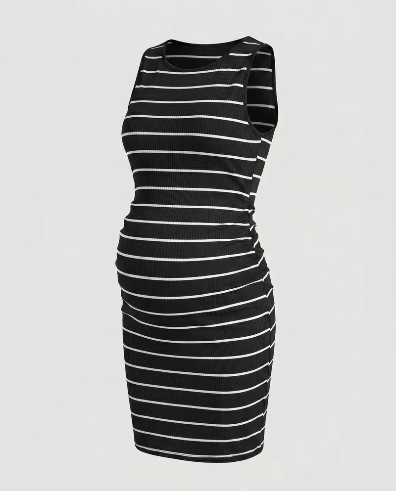 Damen Bequeme Seitliche Raffung Rippstrick Umstands-Stretchkleid