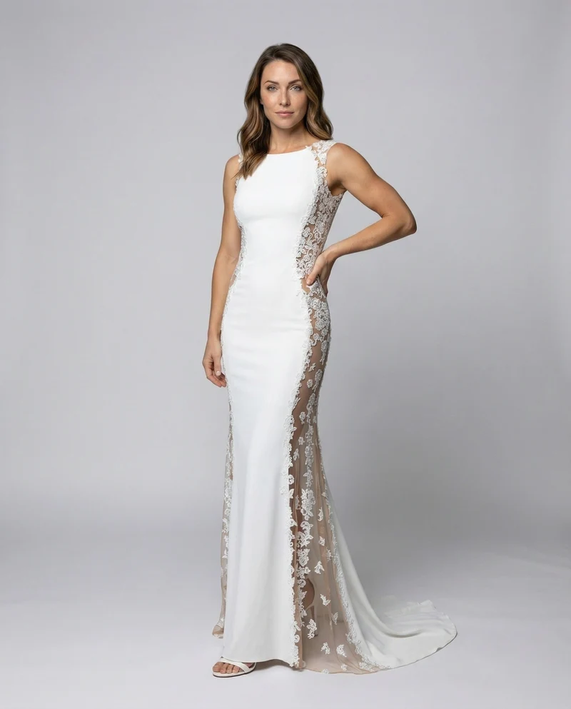 Damen Säulen-Brautkleid Spitze Bateau-Ausschnitt