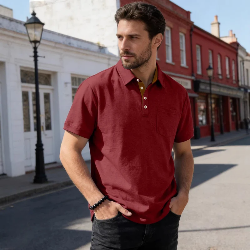 Herren nan Kurzarm-Polokragen-Shirt aus texturiertem Jersey mit Brusttasche und kontrastierter Knopfleiste