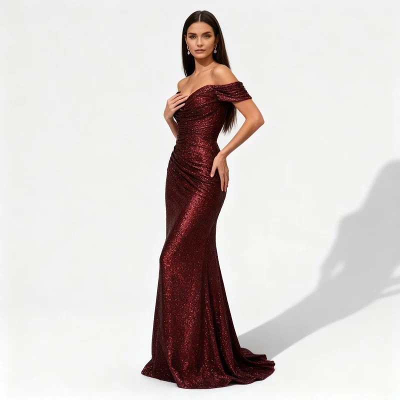 Schimmerndes Schulterfreies Pailletten Damen Abendkleid